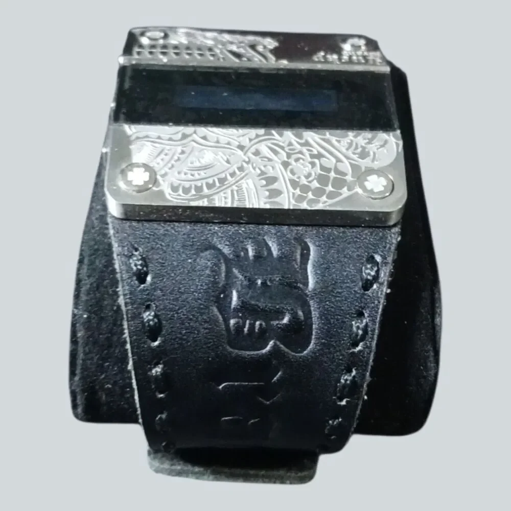Lucky Brand Digital Watch Black Leather Cuff Silver Etched Case Battery Needed